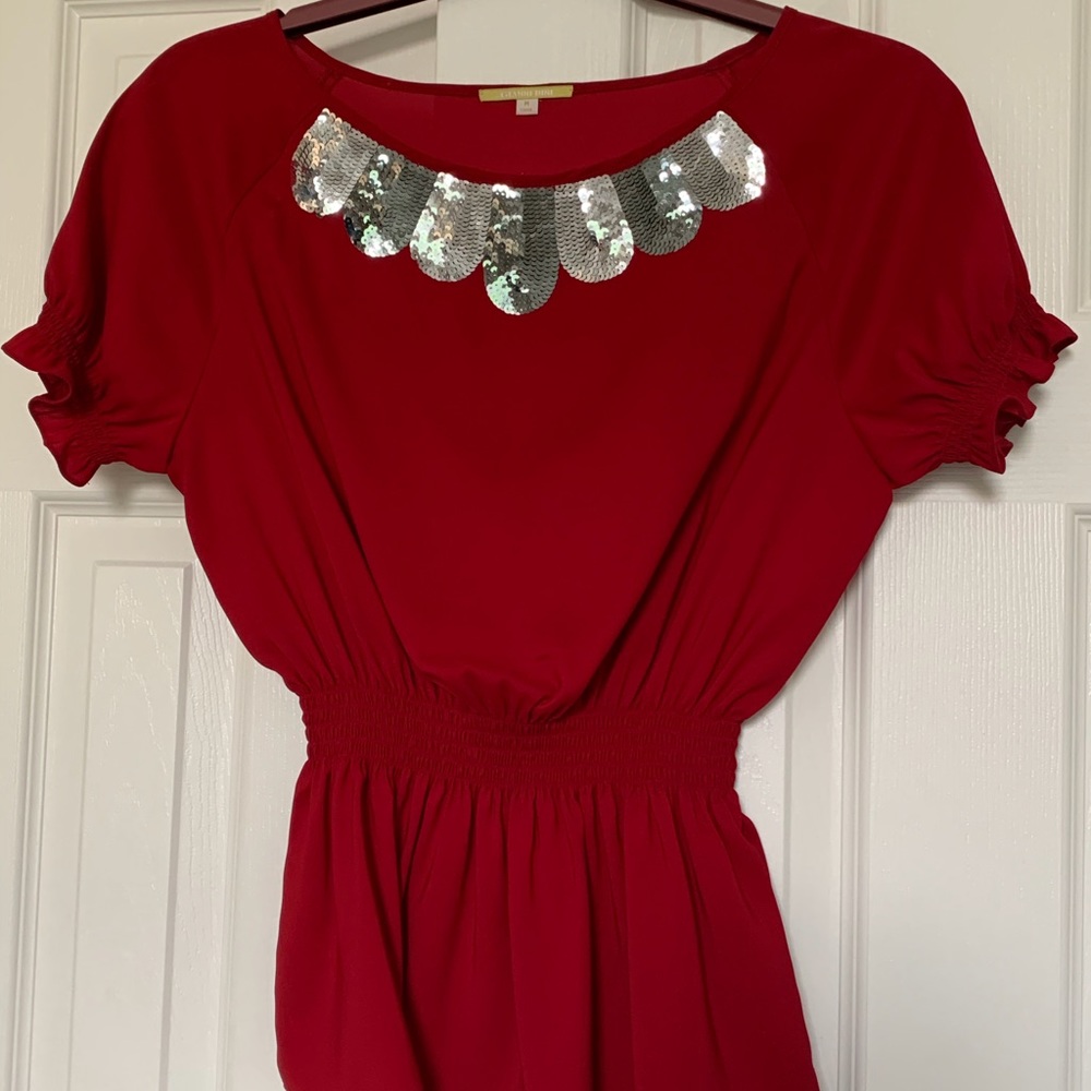 Gianni Bini Red Top w/ Silver Sequined neckline and cinched waist - sz M